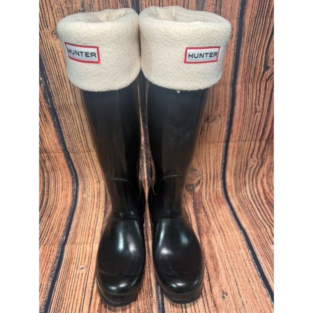 Hunter Women’s  Black Knee High Waterproof Rubber Rain Boots Knit Cuff
